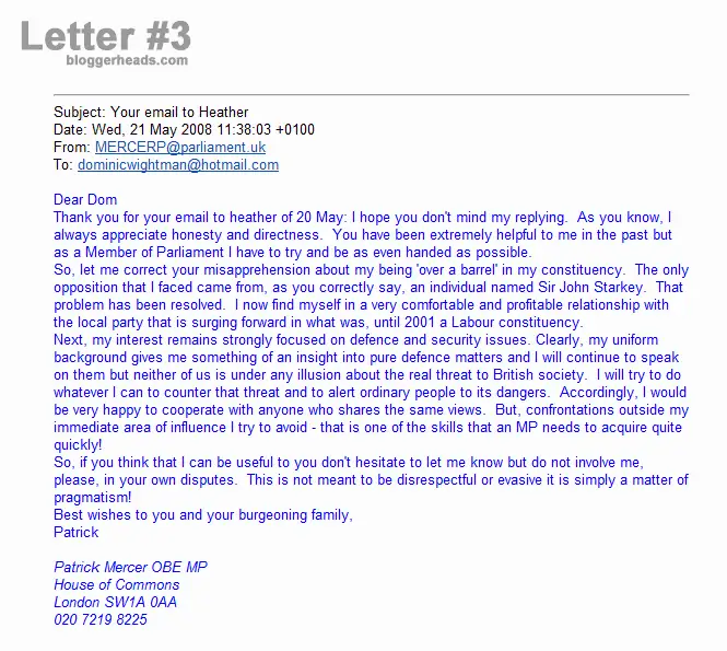 Letter 3 - email from Patrick Mercer to Dominic Wightman